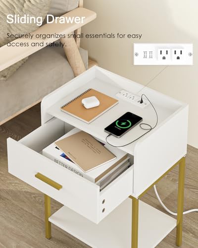 Masupu Nightstand with Charging Station,3-Tier Modern Bedside Night Stand with Storage Drawer and Shelf,Small End Side Table for Bedroom,Living Room,White - color: White