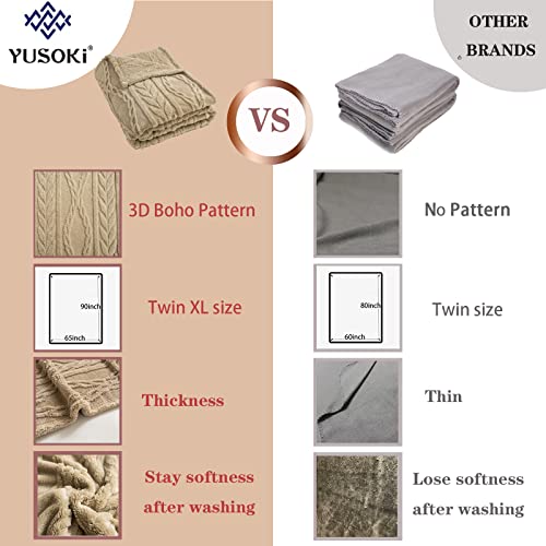 YUSOKI Sherpa Fleece Twin XL Size Blanket, Tan, 65"x90" | 3D Stylish Design,320GSM, Non-Shedding, Lightweight for All Season Use, stays fluffy after repeated washes, Perfect Gifts - color: Tan-(without Pillows), size: Twin XL (65" x 90")