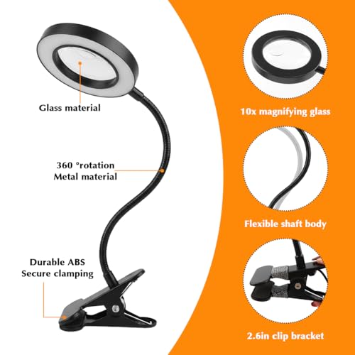 10X Magnifying Glass with Light, 2 in 1 Magnifying Desk Lamp Clip on Mganifier, 3 Color Modes & 10 Brightness Levels, USB Powered Magnifier Light for Bed Crafts DIY Repair(Size:120mm) - size: 120mm
