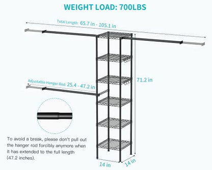 M1 Closet Storage Organizer System, 6 Tiers Heavy Duty Metal Clothing Garment Rack with 3 Expandable Hanger Rods, Wall Mounted Space Saver Suits from 3.3-8.7 ft. Width, 71.2”H x 14”D, Black - color: Black
