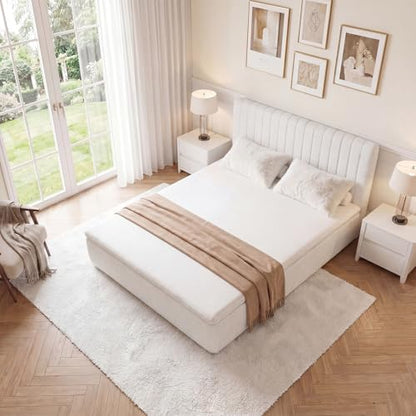 Full Compression Bed Boneless Bed Frame with Mattress and Headboard - color: Off White, size: Full