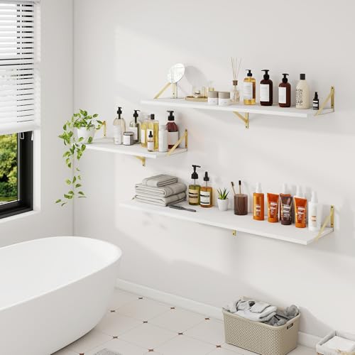 Dreamland Wall Mounted Floating Shelves Set of 2, 55x12, White&Gold | Engineered Wood, Visible Bracket, Large Storage, Hold Up to 80lbs, Living Room, Bathroom, Bedroom, Kitchen - color: White&gold, size: 55"W x 12"D