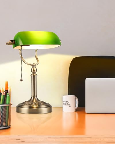 Green Stepless Dimmable Glass Bankers Desk Lamp | Table Lamp Plug in Fixture for Study, Office, LED Bulb Included - color: Green-Dimmable
