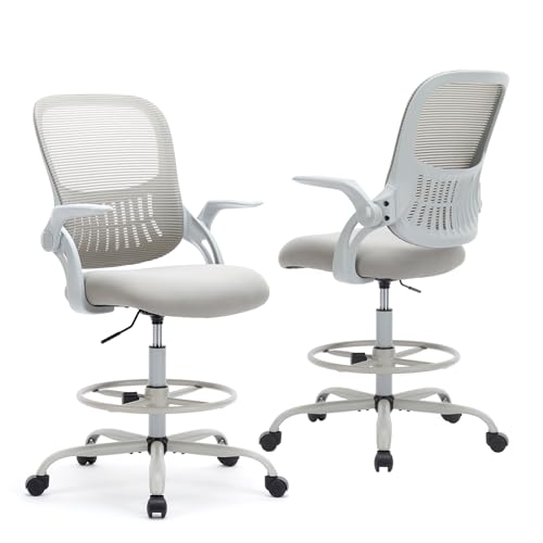 DUMOS Tall Drafting Chair, High Office Chair for Standing Desk | Flip-up Arms, Counter Height Adjustable, Mid Back Mesh, 360° Rolling Swivel Wheels, Grey - color: Grey, size: 18.5"D