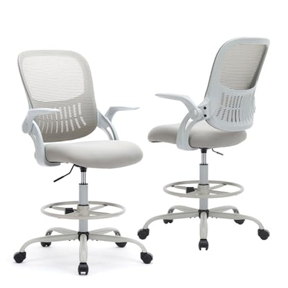 DUMOS Tall Drafting Chair, High Office Chair for Standing Desk | Flip-up Arms, Counter Height Adjustable, Mid Back Mesh, 360° Rolling Swivel Wheels, Grey - color: Grey, size: 18.5"D