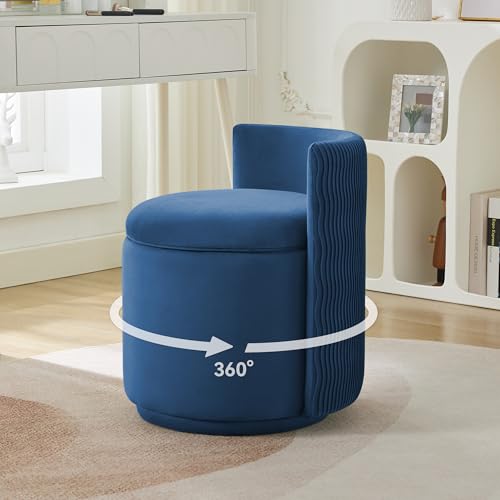 WUTUTUEE Velvet Vanity Chair with Storage, 360° Swivel Makeup Chair with Wave Back, No Assembly Small Accent Stool for Bedroom, Dressing, Living Room, Blue - color: Blue, size: Regular