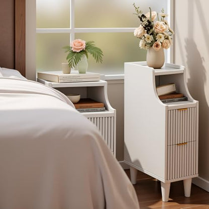 7.9" Narrow Fluted Nightstand Set of 2,Slim Side End Table with 2 Drawers,White Modern Bedside Table,Skinny Night Stand for Bedroom,Small Space - color: White,7.9" With 2 Drawers