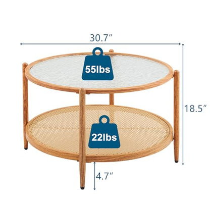 VINGLI 30" Rattan Coffee Table, Round Water-Wave Glass Metal Center Table, Modern Coffee Table with 2-Tier Storage, Farmhouse Circular Coffee Tables for Living Room and Small Space, Natural Vibe | Water-Wave Glass Metal Center Table, Boho Coffee Table wit