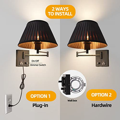 17" Swing Arm Wall Lamp USB & AC Outlet, Dimmable, Black | Adjustable Swing Arm Rotary dimmer sets Plug-in bedside Bedroom Living Room reading - color: Black