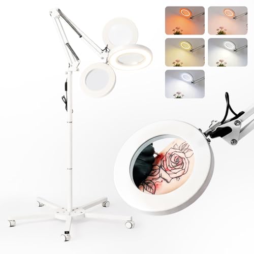 10X Magnifying Floor Lamp with 5 Wheel Rolling Stable Base, 2 in 1 Magnifying Glass with Light and Stand for Close Work Reading Craft Sewing Esthetician, 5 Color Dimmable & Stepless Dimmable - color: White