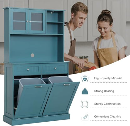 LOUVIXA 68.4" Kitchen Pantry Storage Cabinet, Freestanding Cupboard with Shelf, 2 Drawers and 2 Tilt Out Trash Cabinet, Tall Cabinets for Kitchen, Dinning Room, Living Room (Deep Teal, Double Tilt) - color: Deep Teal