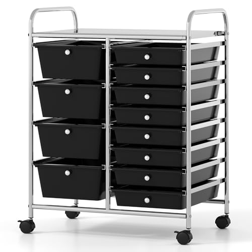 COSTWAY 12 Drawer Rolling Storage Cart, Utility Cart with Metal Frame | Mobile Art Supply Craft Organizer, Multipurpose Storage Organizer for Paper, Office, School Teacher, Classroom, Black - color: Black, size: 12 Drawer