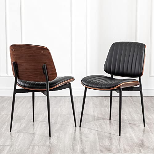 LUNLING Dining Chairs Set of 2 Mid Century Modern Retro Faux Leather Chair with Walnut Bentwood Upholstered Seat Metal Legs Chairs,Adjustable Foot for Kitchen Dining Room Chairs(Black) - color: Black, size: Set of 2