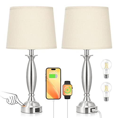 Bedroom Lamps for Nightstand, 3 Way Dimmable Silver Bedside Lamps with USB | Touch, USB C+A Ports, Bulb Included, Beige Shade, Silver, Chrome, Bed Side lamps for Night Stands, Living Room - color: C. Beige Shade and Nickel Base, size: 22.5in Touch Control