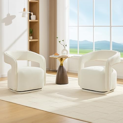 YaFiti Modern Swivel Accent Chair 1 pcs, Round Barrel Armchair, White | Chenille Fabric, 22” Widen Seat, Solid Wood Frame, 250lbs Capacity, Barrel Club Chair, Upholstered Armchair for Living Room - color: White