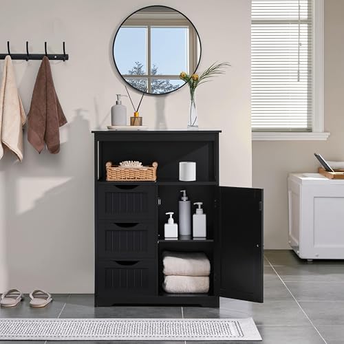 Yaheetech Large Freestanding Bathroom Storage Cabinet with 3 Drawers, Black | Wooden Floor Cabinet Organizer for Towels, Linens and Cleaning Supplies, Beadboard Fronts, Open Cubby, Adjustable MDF Shelf - color: Black, size: 14"D x 26"W x 35.5"H