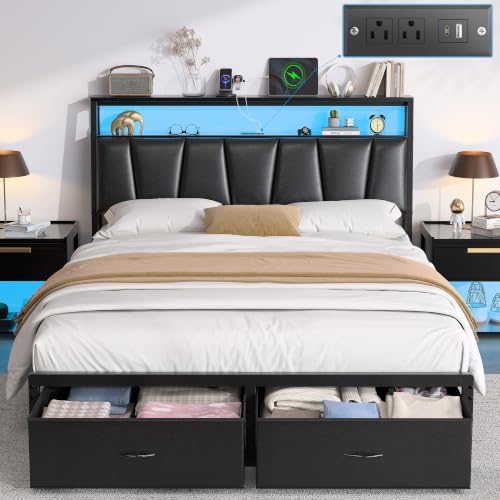 FreeHouse Full Size Bed Frame with Storage Headboard & 2 Drawers, Black | Upholstered Full bed frame with Charging Station & LED Light, Fabric Drawers,Metal Slats, No Box Spring Needed, Noise-Free - color: Black, size: Full