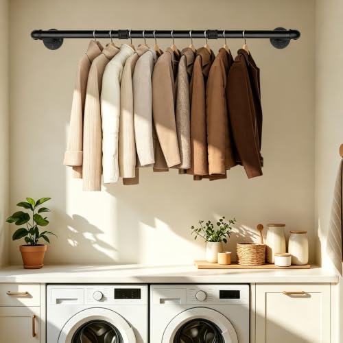 Industrial Iron Pipe Clothes Hanging Bar DIY Wall-Mounted Garment Rack Heavy Duty Clothing Rack for Bedroom, Laundry Room, Closet Storage (Black 40 inch) - color: Black, size: 40 Inch