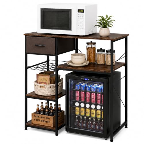VINGLI Bakers Racks for Kitchens with Storage Mini Fridge Stand Bar Cabinet with Mini Fridge Space, Big Drawer, Wine Rack, Metal Frame Industrial Workstation Microwave Oven Stand 4-Tiers