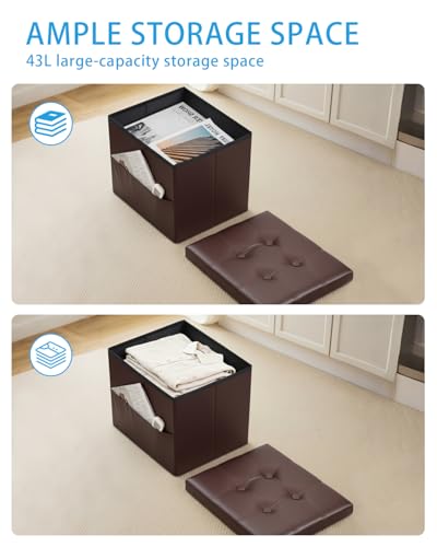 Ottoman with Storage,17 Inch Leather Folding Foot Rest Stool,Brown | Small Ottoman with Side Pockets, Thicker Foam Padded Seat, 17 * 13 * 13 Inch, Livingroom, Dorm, Bedroom, Entryway - color: Brown