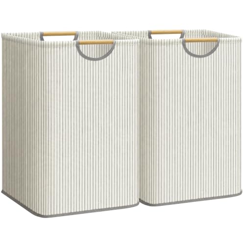 STORAGE MANIAC 2-Pack Large Laundry Hamper, 100L (26.4 Gal) Collapsible Laundry Basket with Bamboo Handles, Freestanding Waterproof Clothes Hamper for Laundry Room, Bedroom, Dorm, Towels, Stripe - color: Stripe, size: 100L x 2