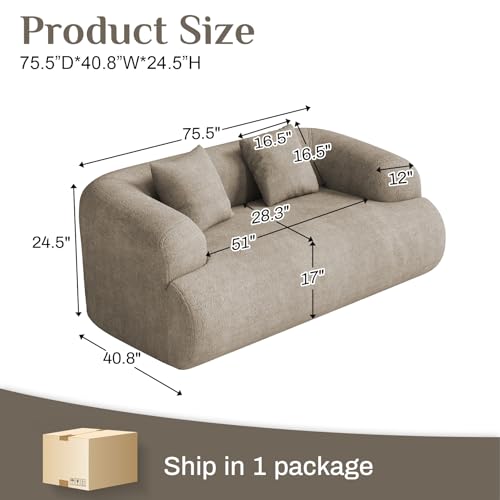 75" Boneless Cloud Loveseat, Modern Cute Curved Chenille Sofa, 2 Seater Compression Couch with 2 Pillows, No Assembly Required for Apartment Living Room, Light Brown - color: Light Brown, size: 75''