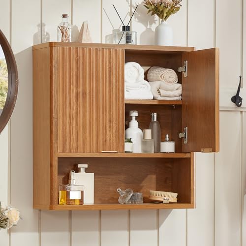LEYAOYAO Retro Fluted Bathroom Wall Cabinet, Wall-Mounted Medicine Cabinet | Tea Brown Floating Over the Toilet Storage Cabinets with Adjustable Shelf & Doors for Laundry Room, Kitchen, Living Room - color: Tea Brown-fluted, size: 7.7"D×23.5"W×24"H