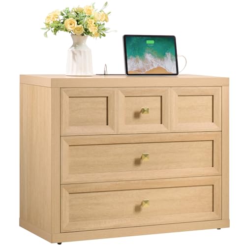 Night Stand Large W/Charging Station, 30.7" W Oversized Nightstands Tall Bedside Table with 3 Drawers, Accent End Table W/Large Storage, Modern Wood End Table for Bedroom, Office - color: Natural Oak, size: 15.5"D x 30.7"W x 25"H (3 Drawers)