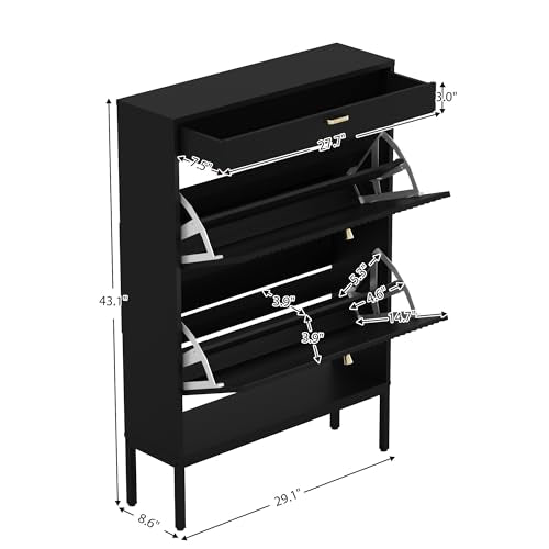 Shoe Cabinet, Shoe Storage Organizer Cabinet with 2 Flip Wavy Line Drawers, Freestanding Shoe Rack with Adjustable Shelf for Entryway（Black） - color: Wavy Line-black