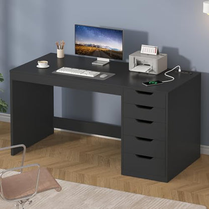 47 Inch Small Computer Desk with 5 Drawers and Outlets for Home Office | Home Office Desks with Storage File Cabinet and Charging Station, Modern Simple Laptop Desk Writing Table, Black - color: Black