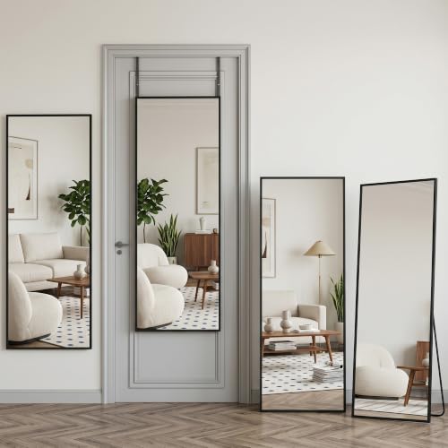 Suidia Full Length Mirror Over the Door&Wall Mounted, 58"x19" Door Mirror with Aluminum Alloy Frame, HD Shatterproof, No-Drill, Hanging Mirrors for Bedroom, Bathroom, Dorm, Closet, Rect, Black - color: Black, size: 58"L x 19"W, style: Rect