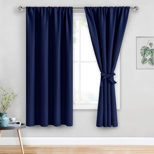 JIUZHEN Blackout Curtains for Bedroom– Thermal Insulated,Noise Reducing Room Darkening Drapes for Living Room, Rod Pocket Curtains with Tiebacks, Set of 2 Panels, 42 x 63 Inch Length, Navy Blue - color: Navy Blue, size: 42"W x 63"L (Pack of 2)