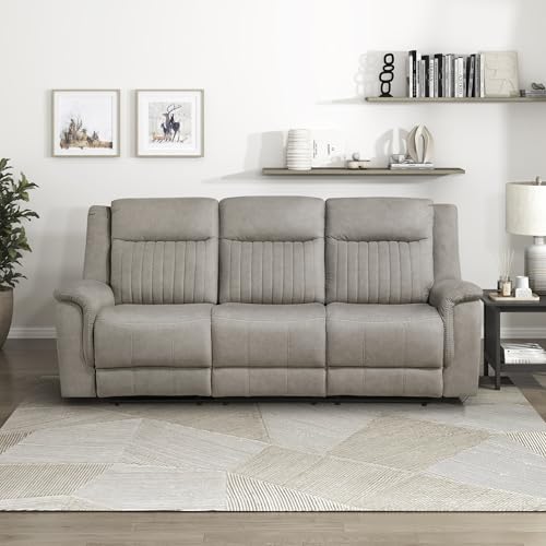 Lexicon Polished Microfiber Wall Hugger Manual Double Reclining Sofa, Dove | 86"W Upholstered 3 Seater Manual Sofa Recliner for Living Room/Apartment, Tool Free Assembly - color: Dove, size: Reclining Sofa