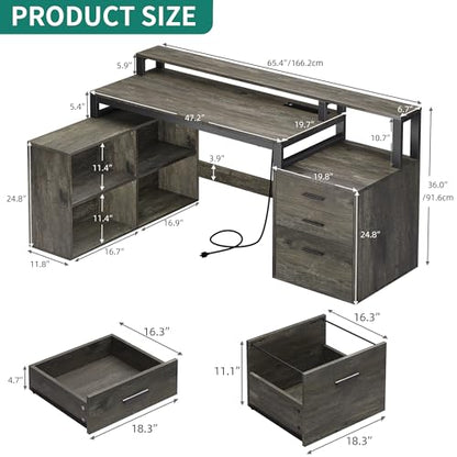 YITAHOME L Shaped Desk with 3 Drawers | 3 Drawers, Power Outlets & LED Lights, File Cabinet & Printer Stand, For Home Office - color: Grey