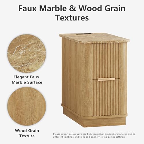 win2win Narrow End Table with Charging Station, Fluted Drawers, Oak | Tall Small Side Table with Storage , Boho Nightstand with Faux Marble Top , Wood Beside Table for Living Room , Bedroom - color: Oak