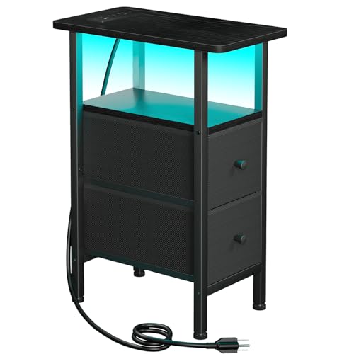 Narrow End Table with Charging Station, Small Nightstand | Skinny Side Tables Living Room with 2 Fabric Drawers, Bedside Table with LED Lights for Bedroom, Small Spaces, Black - color: Black, size: 23.22''H (2 Drawers), style: Power + Light