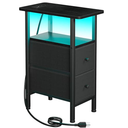 Narrow End Table with Charging Station, Small Nightstand | Skinny Side Tables Living Room with 2 Fabric Drawers, Bedside Table with LED Lights for Bedroom, Small Spaces, Black - color: Black, size: 23.22''H (2 Drawers), style: Power + Light