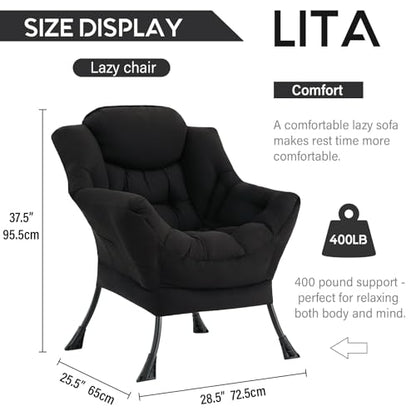 Lazy Chair with Ottoman, Comfy Accent Reading Chair, Black | Foldable Footrest,Removable Cover,with Armrests and Side Pockets,Upholstered Lounge Chair for Bedroom,Dorm,Office,Small Space - color: Single Black