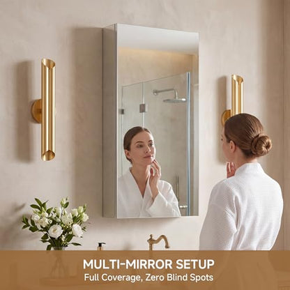 16" x 36" Bathroom Medicine Cabinet with Mirror, Recessed or Wall Mount | Medicine Cabinets with Adjustable Glass Shelves, Soft-Closed Hinge, Chrome Aluminum Frame, Reverse Installation - size: 16" x 36"