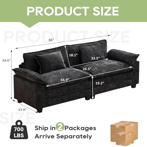 86" Modular Sectional Sofa, Comfy Loveseat Deep Cloud Couch | Couches for Living Room, Modular Couch, Deep and Wide Seat, Chenille Sofa Sleeper with Throw Pillows, Black - color: Black, size: 86 Inch