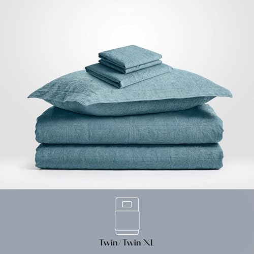 Clara Clark Quilts Twin Size - All Season Bedspread Coverlet Set, Pinsonic Weave Lightweight Bedding Set - 5 Piece Twin Quilt Set with Pillow Shams, Stone Blue - Twin Grid - color: 25 – Stone Blue – Grid, size: Twin