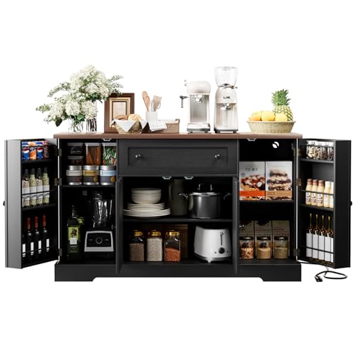 55.1" Buffet Cabinet with Storage, Charging Station, Modern Kitchen Buffet Sideboard with Drawer, Black Wood Coffee Bar with Adjustable Shelves & Spice Rack, Kitchen Storage Cabinet for Living Room - color: Black/Wood, size: 15.8"D x 55.1"W x 33.1"H
