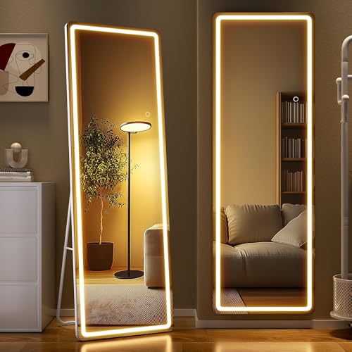 Full Length Mirror with Lights, 56" x 15.8" LED Lighted Floor Standing Body Mirror, Dimmable & 3 Color Lighting Cloakroom, Dressing Room, Tempered Glass, Rounded Corner White - color: White, size: 56"L x 15.8"W