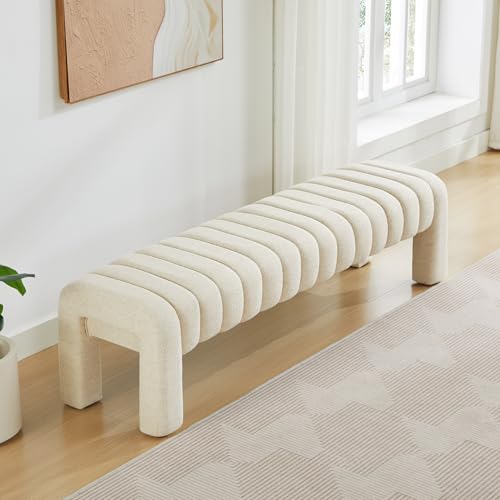 63" Bedroom Bench, Upholstered Entryway Bench, Modern End of Bed Ottoman with Solid Wood Legs and Adjustable Foot Pegs for Entryway, Dining Room and Living Room (Beige Linen) - color: Beige Linen, size: 63"