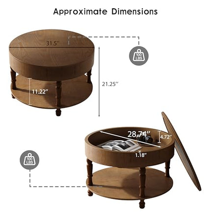 31.5" Round Coffee Table with Storage, 2 Tier Modern Center Table, Adjustable Leveling Feet, Easy Assembly, Wood Coffee Table for Living Room, Apartment, Small Space. (Walnut) - color: Walnut-n