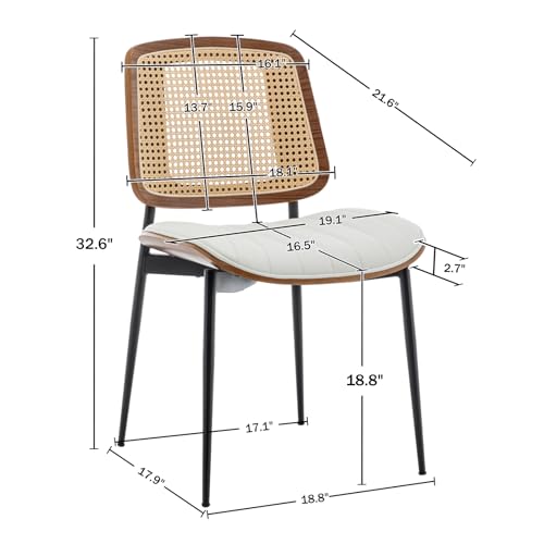 Rattan Dining Room Chairs Set of 2, Mid Century Modern Kitchen Ktichen Chairs,Faux Leather Walnut Wood Finish Side Chair, Metal Legs Desk Chair with Rattan Backrest,White - color: White, size: Set of 2