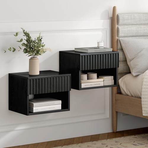 Fluted Floating Nightstand Set of 2 with Drawer, Modern Night Stand with Fluted Door and Open Storage Shelf Wall Mounted Bedside Table for Bedroom, Entryway Black - color: Black, size: 2 PCS