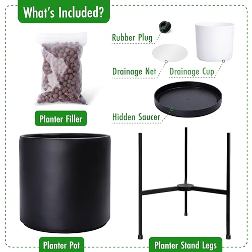 D'vine Dev Cylinder Planter Pot with Metal Stand, Black, 16 in, 96-T-B-5 | Durable Fiberclay Construction, Sleek Modern Design, Heavy-Duty Iron Stand, Drainage Hole & Saucer, Elegant Indoor Display - color: Black, size: XX-Large 16 Inch