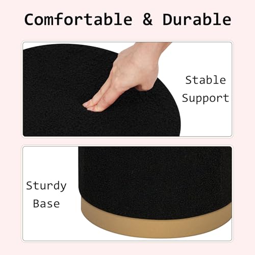 Round Storage Ottoman with Reversible Tray Top, 16.3" Boucle Ottoman Footrest Stool with Metal Base, Upholstered Vanity Stool with Storage for Living Room Bedroom, Black - color: Teddy-black