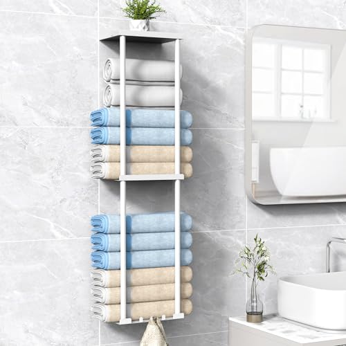 Liuoud Towel Rack for Bathroom, Wall Mounted Vertical Rolled Towel Storage Organizer Holder with Shelf, Holds Up 6 Large Bath Sheets, White - color: White, size: Standard Size